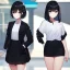 Placeholder: Clear focus, High resolution, short black hair, white and black hair, 2 hair colors, black eyes, wearing a black jacket and a white shirt, wearing a black skirt