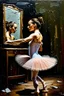 Placeholder: a beautiful ballerina, in a studio, Infront of a mirror, side profile with eyes looking slightly Down, her reflection in the mirror is however looking straight back at her and not looking down, scary, dark undertone, 12k, detailed painting, thick impasto and textures with rough brush strokes, chaos background with cracked paint, peeling off