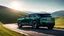 Placeholder: black Cross between black matte bentley bentayga EXP Concept, on a road of green hills in morning, clear blue sky, shining sun rear view