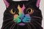 Placeholder: black background, outlines of a holographic question mark and contented cat drawn from thin neon-coloured glowing lines