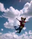 Placeholder: Ultra realistic clouds sky scene, wide angle, medium shot view, portrait, sweet Child, free jumping flying, trinkets, monster hair, jelly beans, balls, smile, happy, Peter Pan style, inflatable color clothing, extreme, wind, clouds sea, 20,000 feet altitude, stratosphere, soft color, highly detailed, unreal engine 5, ray tracing, RTX, lumen lighting, ultra detail, volumetric lighting, 3d, finely drawn, high definition, high resolution.