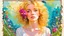 Placeholder: abstract art complementary colors fine details , old torn worn paper, high grain, portrait blonde , flowers in hair, acrylic, alcohol ink, fine drawing, A blonde woman in her 40s, with flowers woven into her loose, curly hair, sits in a whimsical, fairytale setting, surrounded by delicate swirling patterns reminiscent of the textures of old torn paper, in a vibrant, abstract style combining acrylic and alcohol ink techniques, with fine detailing that highlights complementary colors, in the expre