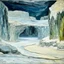 Placeholder: A white snowfield with a frosty cave painted by Vincent van Gogh