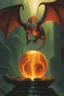 Placeholder: dragon attacking a magic orb full of dragon fire. dragon with huge cloned wings. perfectly drawn claws. fantasy setting. . style of Larry Elmore