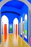 Placeholder: Museum of blue wall paintings, the shape of oval walls and a white floor, and there are walls in the middle in the shape of an oval, and there are oases on it on both sides