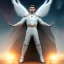 Placeholder: The first image is of the main character's full body. He’s to look like a powerful angel, symbols on his hands glowing, His background should be that of space above with stars and standing on a paradise of a planet. His belt can transform into a white dragon.