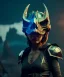 Placeholder: A badass Sofia Buttela wearing a dragon skull mask, atmospheric, realistic, unreal engine, cinematic lighting, octane render.