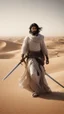 Placeholder: A picture of a man, in the desert, in old Arab dress, protecting a group of people behind his back, with black hair, a light beard, and carrying a sword.