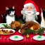 Placeholder: Cats and children eating Christmas dinner with alien lion and floating ball, and exquisitely decorated turkey and HR giger alien