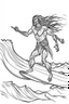 Placeholder: Outline art for coloring page OF A BUFF NATIVE SURFER WITH HIS FACE COVERED BY HIS LONG HAIR WEARING SHORTS RIDING A SURFBOARD ON A WAVE, coloring page, white background, Sketch style, only use outline, clean line art, white background, no shadows, no shading, no color, clear