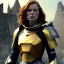 Placeholder: ultrarealistic, ruined city,__sci-fi armor__, __angles__, 18 year old woman, strikingly beautiful, ginger hair, _colour_, [__starlets__|__starlets__], (pale __skincolor__ skin:1.2), __camera__, _hair_, detailed face and eyes, medium breasts, leather choker, freckles, dynamic pose, resolved expression, __accessory__, strappy outfit, (straps:1.1), sword in scabard on left hip, (buckles, buttons, snaps, rings:1.0), haltertop style breastplate, detailed eyes, plump lips, sci-fi theme