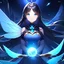 Placeholder: fairy winged elf girl with black straight hair and blue eyes surrounded by a starry night sky