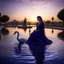 Placeholder: Hyper Realistic Photographic Close-Up-Silhouette View Of A Beautiful Young Pashto Woman wearing navy-blue-embroidered-dress-with-purple-shawl happily-sitting on the surface of a fancy-water-fountain & a swan swimming on the surface of water at cloudy sunset showing dramatic & cinematic ambiance.