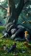 Placeholder: Bosch painting style nightmare , 3D , a baby chimpanzee sleeping on a comfortable green grass with birds around him , a nice tree in the background, high Quality picture , 8k
