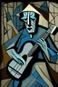 Placeholder: The old guitarist by Picasso but with a metal electric guitar