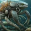 Placeholder: Ultra-photorealistic depiction of a female marine hybrid entity, not illustration, not CGI. Clearly feminine anatomy combined with non-human marine traits. One arm is replaced by a massive crab-like claw with rough calcified surface, mineral wear, micro-cracks, and traces of algae. Hair is entirely composed of thick organic tentacles, heavy at the roots and tapering naturally, with minimal visible suction cups and subtle bioluminescent variation. The body is partially covered by an organic armor