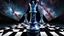 Placeholder: Hyperrealistic illustration of one giant queen chess piece floating in the big galaxy, deep dark universe with stars and nebula, fantasy, dramatic atmosphere. The overall scene moody and surreal, with intricate stunning textures on the queen chess highlight its grandeur and mystery. white-blue mist aura around the chess piece. detailed, stunning illustration