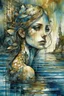 Placeholder: surrealistic painting depicts a woman submerged in water, with only her face visible above the surface. Her hair is dark brown with blonde highlights, and her eyes are a warm brown. Below the waterline, her torso is replaced by a skeletal ribcage entwined with translucent, organic root-like structures and dried leaves, revealing the internal decay beneath the skin. The upper part of the painting features a dilapidated, light-colored building with multiple levels and a dome, seemingly floating on