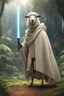 Placeholder: [photo realistic] a sheep standing with a Jedi cape and a Lightsaber, using the force, jungle in the background