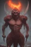 Placeholder: Full body photography of ethereal ANGRY ORC , Fire theme art, Dark moody night atmosphere, by Michelangelo, 8K, high body details, anatomically perfect body, oak tree roots, purple, red, armed with guns ,