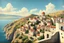 Placeholder: vintage style painting showing an aerial view of an old world Greek village