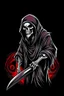 Placeholder: hooded Grim-Reaper gripping scythe, vignette, black and white graphic novel style with a red outline, and black background,