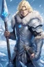 Placeholder: 1 anime man. warrior, with blue eyes and blonde hair man in silver Viking armor with fur around the neck with blue crystal on his chest, standing in water in the artic, holding a ice axe, warrior in, anime style