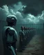 Placeholder: Bosch painting style, nightmare , an Ai robot prison guard watching a human prisoners lined up in line one after another , great quality picture with cinematic scenes , heavy clouds in the background
