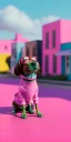 Placeholder: Snoop dogg, sitting. a chair. pink houses, pink sky, pink smoke, trees, outdoors. Groove street. 28mm