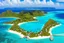 Placeholder: Impressive paradise islands, with elegant and luxurious futuristic homes on cliffs, vibrant and warm tones. Architecture, natural beauty, crystal clear waters, sun and lush vegetation