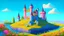 Placeholder: Single castle on a hill, Pink walls, orange towers, yellow flowers on the ground, dark blue roof and aqua blue sky and moat, very detailed and realistic