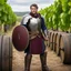 Placeholder: his warrior, Sir Fermented the Bold, used a bottle of wine as weapon and a barrel of Burgundy and shield. he looks aggressively at the camera, ready to strike, in a wineyard