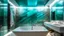 Placeholder: A bathroom with white marble walls, a floating bathtub with underwater lighting, and an open ceiling