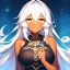 Placeholder: girl, masterpiece, best quality, volumetric lighting, dynamic pose, detailed outfit, perfect eyes, white hair, golden eyes, messy hair, long hair, dark elf, nervous smile,