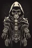 Placeholder: skull head on toy robot in a black hooded cloak drawn in a retro mascot style, inside a light diamond shape on a black background, monochromatic