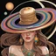 Placeholder: Fantastical hat, Sun sun hat which looks like the planet Saturn with the rings of Saturn making up its brim, black background, by Stanley Artgerm, by Mucha, bright astral colors, digital art.