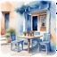 Placeholder: A table with four legs and two chairs in front of the entrance of a Greek taverna in Santorini. Watercolor art with ink outline