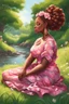 Placeholder: An airbrushed illustration of a curvy black cartoon woman sitting relaxed on a sunny riverbank, lush green grass surrounding her. Facing left in profile, she has flowing chestnut hair styled in an elaborate braided twist. complementing the pink floral maxi dress wrapped snugly around her exaggerated curves. One hand touches her cheek lightly as she looks to the distance, brown eyes enhanced by long lashes and purple eyeshadow. Bold brown lips match the brown flowers on her dress