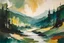 Placeholder: an abstract, dramatic, painting of a lush Pacific Northwest forested, rock strewn, river valley landscape, in the imagery-stain painting style of Helen Frankenthaler, muted natural colors, museum quality masterpiece