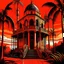 Placeholder: A stunning piece of line art, featuring vibrant orange, red , and black hues, depicts a towering figure standing tall in a detailed 3D summer house. The house is surrounded by a monochromatic tetradic color palette, adding depth and richness to the composition. Set on a mysterious and dense gothic island adorned with palm trees, the artwork exudes an eerie and surreal atmosphere. With a fusion of abstract art, street style, and baroque elements, this visually striking piece captivates the view