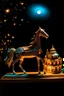 Placeholder: whimsical paper diorama collage, surreal, surrealism, a wooden horse in Paestum temple at night with beautiful stars, qajar art, twinkling lights, mediterranean architecture, beautiful night scene, dreamscape fantasy