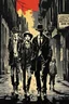 Placeholder: Design a detective book cover for teenagers. A teenage girl in the centre, one boy on her left, and one on her right are on the town street. Black Cat as a company. Banksy style, pop art style, dark mood, mysterious atmosphere