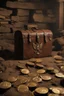 Placeholder: in the BASEMENT there is an old, broken brown oblong leather chest with short handles, from which gold coins from the time of Catherine the Great fall out. The ancient coat of arms of tsarist Russia, the double-headed eagle, is BARELY VISIBLE on the bag. There are a lot of broken bricks and earth around the bag. All in high quality 8K