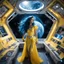 Placeholder: wide-angle photo of a woman in a yellow dress, with long glowing blue wavy hair, on a space station with views into space