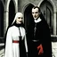 Placeholder: [high res colourful photo by Helmut Newton] Dracula introduces you: sister Bloody Mary, he stands with a pervert smile behind the nun, she is terribly bloody and has pointed canine fangs