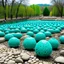 Placeholder: A cyan field with a pebble road designed in Matryoshka dolls painted by Guo Xi