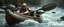 Placeholder: ancient bald fat ogre troll machete sitting relaxed in huge massive kayak in rapid stream, smacking fish with big metal oar with spikes