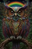 Placeholder: 3d rainbow flying owl, mystical, full image, with vivid detailed amazing eyes, brighr fractal colors, hyperdetailed, h.r. giger, egyptian, fantasy, Metaphorical Realism, electric feathered effect Abstract line art, deep cut 3D effect, in an enchanted forest