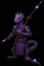 Placeholder: a black and purple, female argonian artificer who uses Tesla coils as weapons, skinny, lightly armored