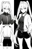 Placeholder: blonde girl with ponytails dressed in a jacket and shorts walks briskly, front view, greyscale